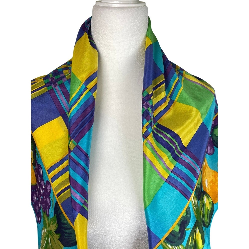 Echo Vintage Silk Blend Square Scarf Plaid Fruit Border Multicolor Made in Japan - Picture 6 of 13